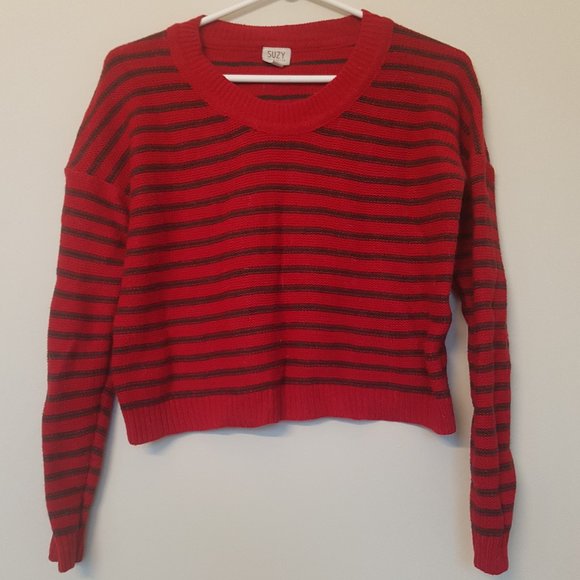 [SUZY SHIER] Red Striped Crop-Top Sweater - Picture 1 of 6